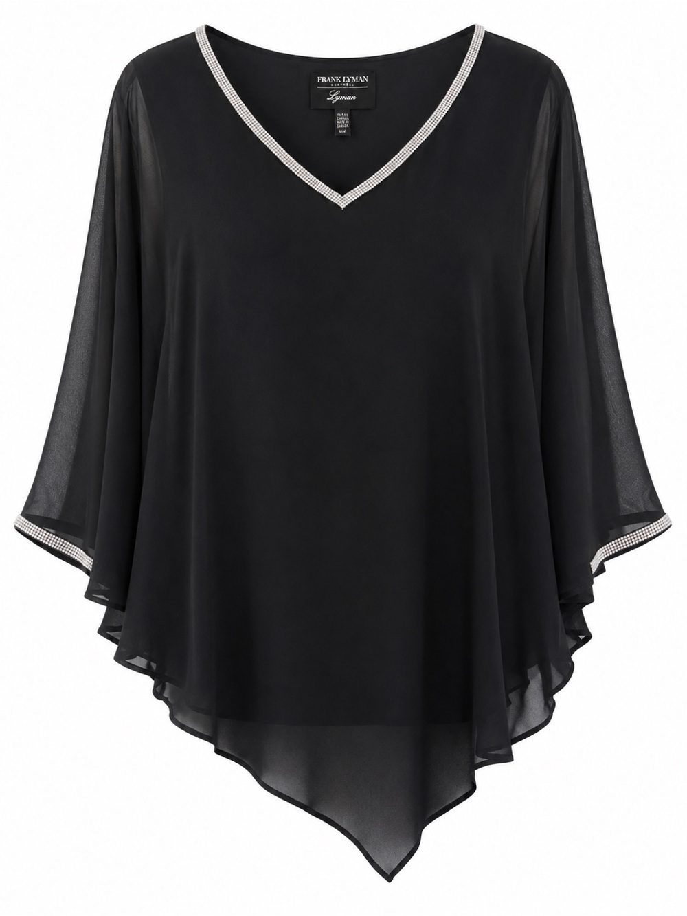 Frank Lyman Design Black Chiffon V-Neck Tunic with Silver Trim